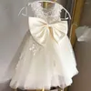 女の子のドレスアイボリーレースの花のチュールサテンボウノースリーブキッズバースデーボールガウンプリンセスファースト聖体