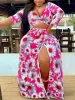 مجموعات LW Plus Size Size Skirt Print عالية الانقسام تنورة مجموعة من النساء الأنيقة تنورة من قطعتين مجموعة الإناث مثير عميق V TOP + MAXI STET