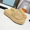 Gehaakte Flatform Slides Dames Raffia Slipper Metalen trigonum sandalen Zomerzwembad 35mm Platform Sandaal voor Laides Plaque Geweven Instapper natuurlijk zwart roze Muilezels