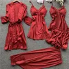 5 Pieces Silk Pajamas Sets Women Satin Sleepwear Robe Pants Autumn Pijamas Bathrobe Sexy Lingerie Lace Winter Pyjamas 240309