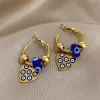 14k Yellow Gold Turkish Devil Eye Heart Pendant Earrings For Women Fashion Girls Ear Buckle Waterproof Jewelry