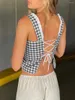 Dames Tanktop Dames Geruite print Kanten rand Cami Mouwloze tanktop Zomer Casual Button Down Bandage Open rug Bustier Crop Tops