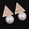 Pendientes de tuerca Missvikki, moda, forma triangular, incrustaciones de perlas, circonita cúbica Micro completa, pavé, joyería de compromiso nupcial para mujer