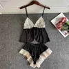 Sexy Pyjamas 2pcs Sexy Pajamas Sleep Set Women Satin Strap Cami Shorts PJS Suit V-Neck Sleepwear Lace Pyjamas Summer Femme Intimate Lingerie 24318