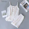 Sexy Pyjamas Women Pajamas 2 Piece Set Gauze Cotton Sexy Lingerie Summer Pyjamas Sleeveless Suspenders Tops and Shorts Sleepwear Suit 24318