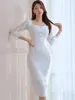 Casual jurken vestidos wit elegant bodycon festivalfeest dames chique patchwork mesh flare mouwjurk lente luxe avond