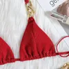 Damen-Bademode, 2-teiliges Bikini-Set mit Kettenriemen, glänzender, strukturierter Tanga-Badeanzug, Badeanzug für Mädchen, Mikro-Bikini, Sommer 2024