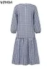 Plus -storlek Vonda Autumn Plaid Dres sundress Oneck långärmad Ruffled Maxi Dress Elegant Casual Vintage Vestidos 240311