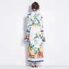 Fashion Flared Long Sleeve Women Maxi Dress With Belt Spring Autumn Stand Collar Floral Print Cardigan Dress Floor Length Party Vestidos