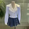 Niche design lace navy collar blue striped shirt women's short top