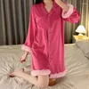 Ropa de dormir para mujer Pijamas sexy de seda de hielo Puro deseo suelto Tamaño grande 2024 Camisa Camisón Color sólido Cárdigan Media longitud Ropa de hogar