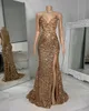 Sexig Gold Mermaid Prom Dress for Black Women Spaghetti Glitter Evening Dresses Eleganta pärlor Applices Special OCNS Split Illusion Robe de Soiree