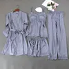 Frauen Schlaf Set Satin Gestreiften 4PCS Pyjamas Anzug Pijamas Sexy Kimono Bademantel Kleid Hause Kleidung Spitze Patchwork Nachtwäsche 240308