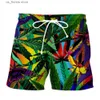 Men's Shorts e3D Swimming Trunks 2023 Summer Mens Hemp 3D Printed Grn Leaf Shorts Fashion Casual Comfortable Beach Resort Bermuda Shorts Y240320
