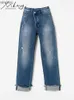 Jeans para mujer MiuKoMiYa Jeans para mujer Pantalones de mezclilla rotos de talle alto Vaqueros rectos azules delgados rasgados Pull Up Jeans sueltos casuales para mujer C24318