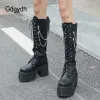 Boots Gdgydh Black Leather Pu High Quality Winter Platform High Heels Shoes With Chain Gothic Metal Combat Knee High Boots Women Zip