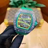 Richa Carbon Fiber Milles Green Mens Automatic Mechanical Watch Hollowed Out Luminous Tape Personality Lightweight Fashion