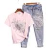 Station européenne Denim ensemble femmes été 2024 nouveau perlé brodé 3D fleur à manches courtes T-shirt + jean court en détresse