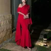 Elegant Long Crepe One Shoulder Evening Dresses Red Mermaid Pleated Ankle Length Party Guest Dress for Women