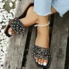 Sandaler Kvinnor Glass Rhinestone Faux Pearl Decor Flat Sandaler Sexig Glamorös elegant Fashion Party Slides Summer Office Ladies New Shoes