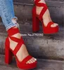 Sandaler Kvinnor Fashion Suede Leather High Platform Gladiator Lace-Up Red Ankel Wrap Heel Dress Shoes