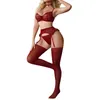 Soutien-gorge Ensembles Sheer Dentelle Top Culotte Ensemble Femme Sexy Séduisante Vêtements De Nuit Amant Maille Chaussettes Clivage Cover Up Lingerie 3 PC