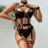 Bondage Lingerie Halter Sexy Porn Underwear With Chain Ring Linked Erotic Costumes Fetish Sissy Teddy 4-Piece Sex Suit Spplier 240307