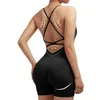 Kvinnors träningsdräkter SXY Criss Cross Backless Cami Sports Romperwomens Jumpsuits Ribbed Workout Helepeless Rompers Tank Top Shorts 24318