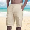 Herr shorts bomull linne sommaren avslappnad tunn bekväma multi fickor tether fitness träning strand fast färg lös