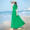 Casual Dresses Women Summer Dress V-neck Elegant Fashion Short Sleeve Solid Ladies Beach Slim Ankle-Length Chiffon Women's Clothing