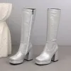 Stövlar Silver Red Plus Size 46 47 48 Big Shoes Platform Chunky High Heels Zip Up Squre Toe Western Riding Winter Kneehigh Women Boots