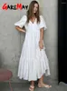 Party Dresses Vintage Women's Cotton Dress V Neck Elegant White Floral Print Midi Long Puff Sleeve Casual Summer For Women