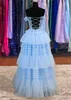 Znakomite jasnoniebieskie spódnice Tutu Suknie wieczorowe A Line Off Ramiona Aplikacje Krzyki Krzyki warstwy długie suknie balowe Vestidos de Bal BC18407