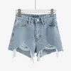 Moda coreana verão shorts mulheres buraco cintura alta jeans curtos rebarbas feminino construir uma palavra rasgada calças curtas de pernas largas streetwear 240314