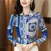 Beige Satin Chain Print Shirt for Women Lapel Ribbon Bow Autumn Winter Designer BLOUSES 2023 Office Ladies Chic Long 346