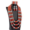 Necklace Earrings Set 2024 Trendy Jewelry Nigerian Wedding Luxury 3 Layers Artificial Coral Beads African For Bride ABG205