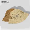 MABULA Wide Brim Women Bucket Hat Summer Straw Woven Sun Visor Hats Luxury Design Hollow Out Hat Fashion Striped Girls Beach Hat 240314