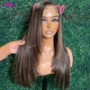 Synthetic Wigs Highlight Brown Wig Human Hair Lace Front Wigs Straight Body Wave For Black Women Brazilian 13x4 Lace Frontal Pre-Plucked Wig 240329