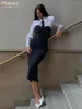 Work Dresses Clacive Fashion Slim Black 2 Piece Sets Women Outfit Elegant Long Sleeve Shirt With Strapless Bandage Midi Dress Set Streetwear