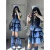 Work Dresses Hikigawa Chic Fashion Lace Women Blouse Bandage Pleated Denim All Match Star Leg Warmer Sweet Cool Y2k 3 Sets Ropa Mujer