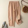 Kvinnor Pants Summer Elastic High midja Bomull Linne broderi Vintage Kvinnor Lossa Casual Fashion Ankle Längd All-Match byxor Femme