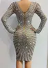 Stage Wear Sparkly Silver Rhinestone Mirror Elastic Fabric Short Dress Women Birthday Play Celebrate Dancer Party Show Th