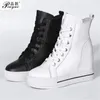 Women Genuine Leather 8cm Hidden Wedge Sneakers Platform Shoes High Heels Sneakers Woman Casual Shoes White Women Trainer 240309
