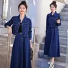 Work Dresses Women Blue Denim Skirt Sets Spring Autumn Casual Short Jeans Jacket Elastic High Waist Two-Piece Set Ladies Elegant Suit