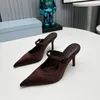 Satin High Heeled Sandals Women Point Toe Mules Ny modehöjd 85 mm Stiletto Party High-Heeled Shoes Style Summer Spring Leather and Rubber Sole 35-42