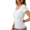 Mulheres Camisetas Senhoras Lace Splicing Tops Mulheres Doce Estilo Flor Padrão Quadrado Manga Curta T-shirt Slim Base Camisa