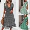 Casual Dresses Printed Summer Dress V Neck Short Sleeve A Line 2024 Fashion Lady Beach Long Robe Ruffled Elegant For Women