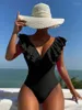Damska odzież kąpielowa roślin kąpielowy czarny kolor tylny sznur monokini żebrowana tkanina plażowa solidna kąpiel kostiumy jeden kawałek