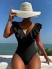 Costume da bagno da donna Costume da bagno con volant Colore nero Stringa posteriore Monokini Tessuto a costine Costumi da bagno Costumi da bagno solidi Un pezzo