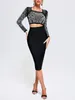 Work Dresses Black Crystal Mesh Bandage Dress Set Two Pieces Sets Autumn 2024 Sexy Crop Top Wrap Hip Skirt Suit Fashion Bodycon Outfits